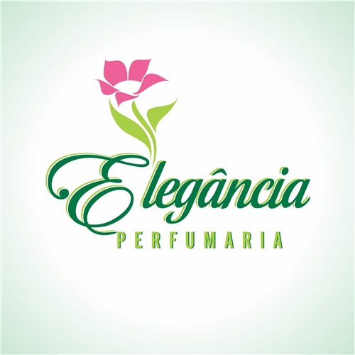 Logo Elegância Perfumaria: flor rosa com folhas verdes e nome da marca em caligrafia
