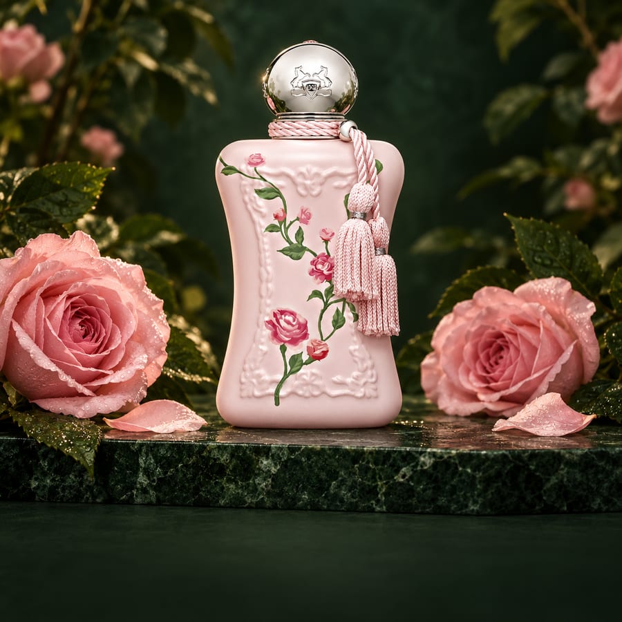Delina Limited Edition 2024, da Parfums de Marly, com rosas sobre mármore verde