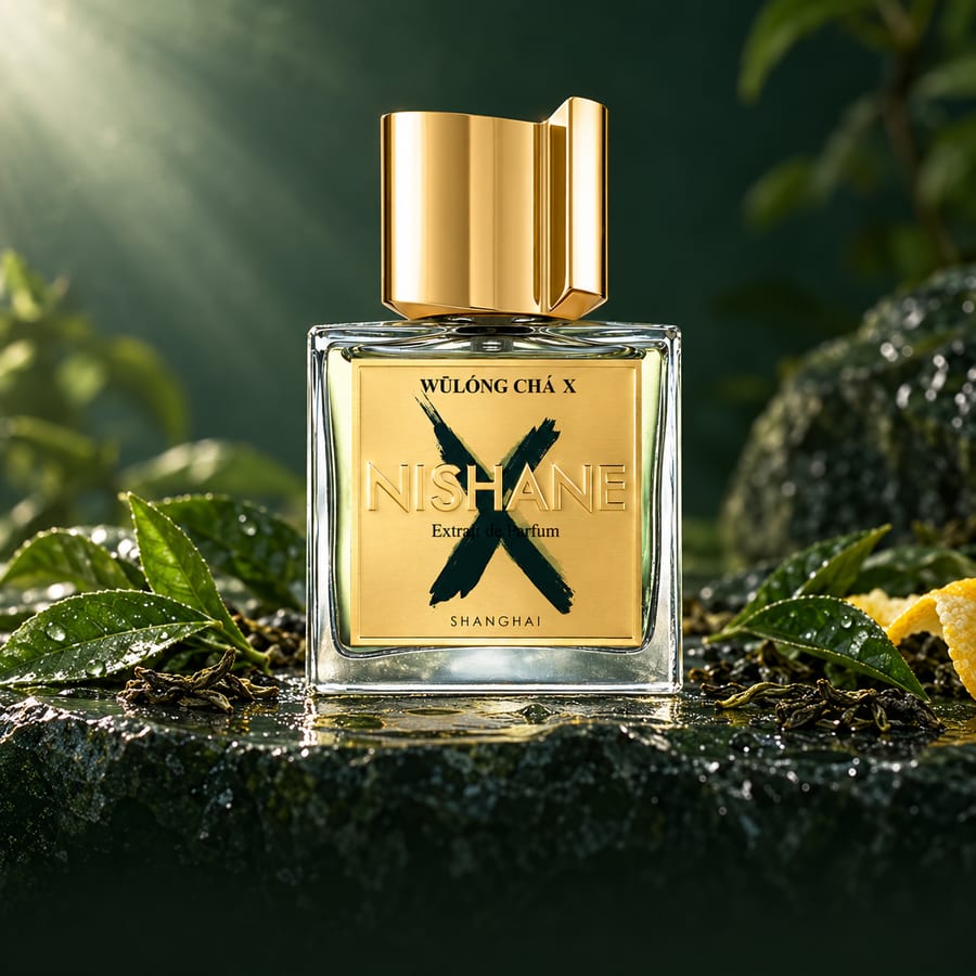 Wūlóng Chá X, da Nishane, com folhas de chá e cítricos sobre pedra verde