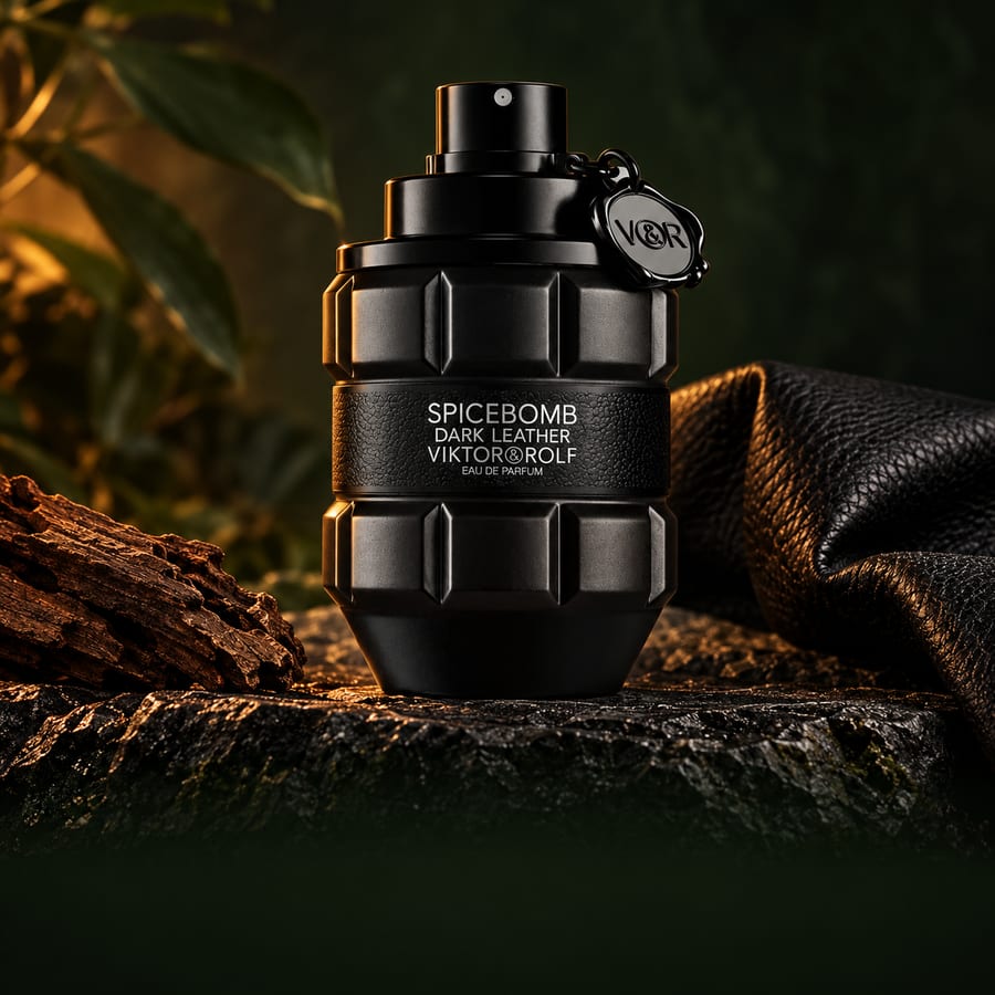 Spicebomb Dark Leather, da Viktor & Rolf, em composição com couro e madeira