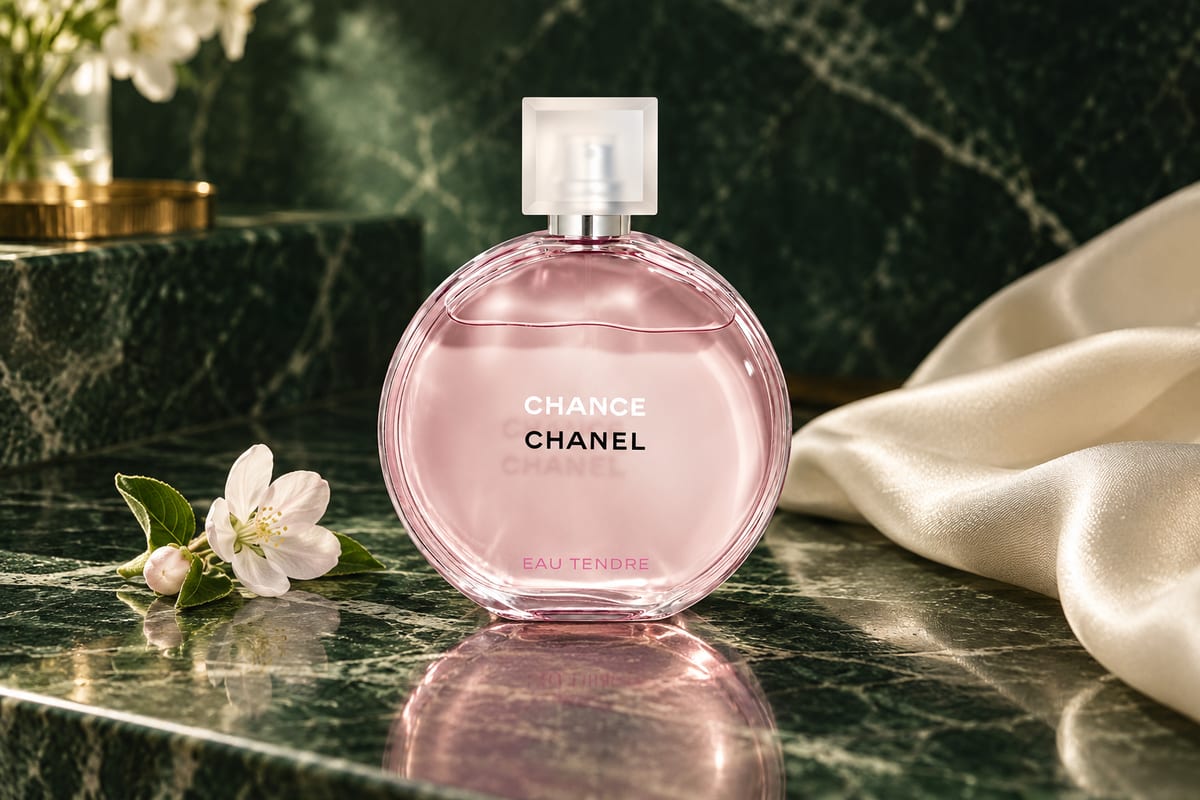 Chanel Chance Eau Tendre em uma composição com seda e flores sobre mármore verde