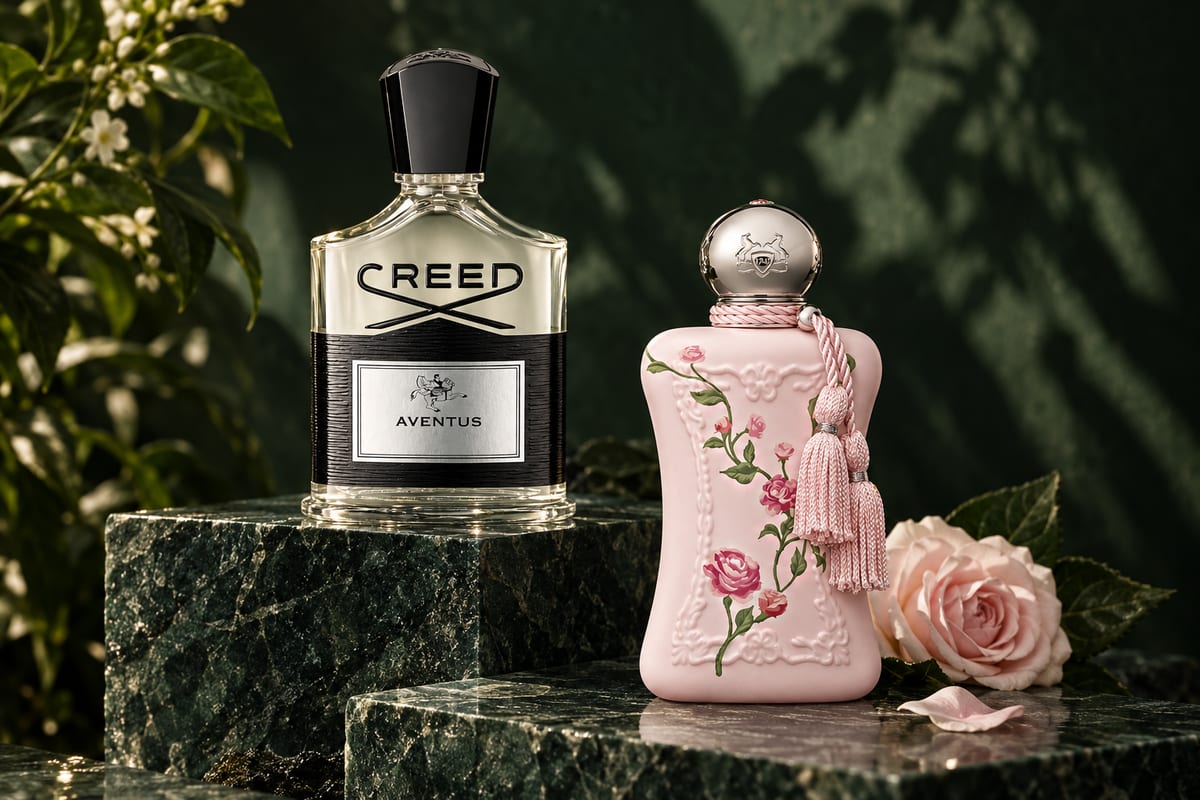 Creed Aventus e Delina Limited Edition 2024 sobre pedestais de mármore verde